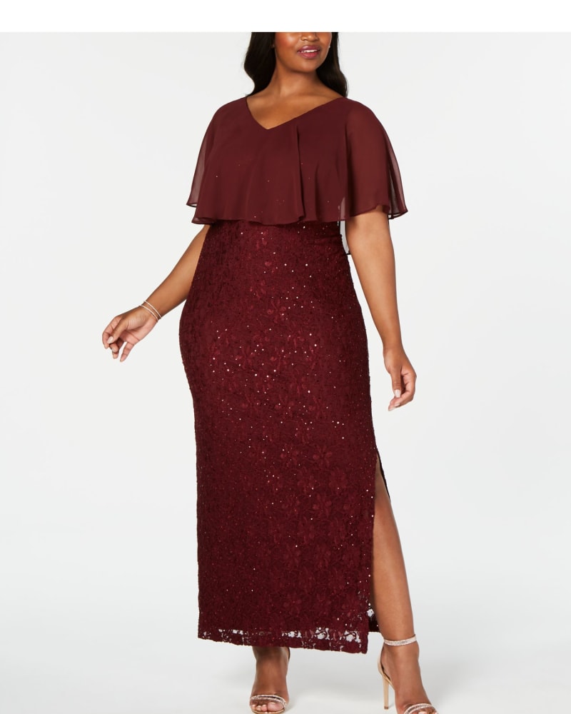 Front of a model wearing a size 16W Connected Apparel Women's Slitted Lace Short Sleeve V Neck Maxi Formal Sheath Dress Plus Burgundy Size 16W in Purple by Connected Apparel. | dia_product_style_image_id:312793